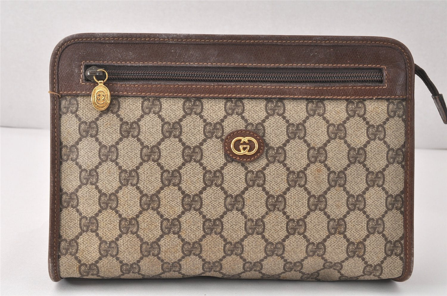 Authentic GUCCI Vintage Clutch Hand Bag Purse GG PVC Leather Brown Junk 4119K