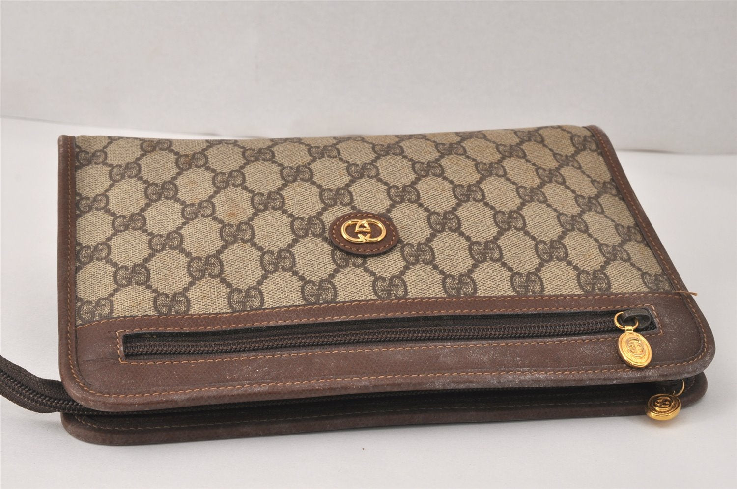 Authentic GUCCI Vintage Clutch Hand Bag Purse GG PVC Leather Brown Junk 4119K