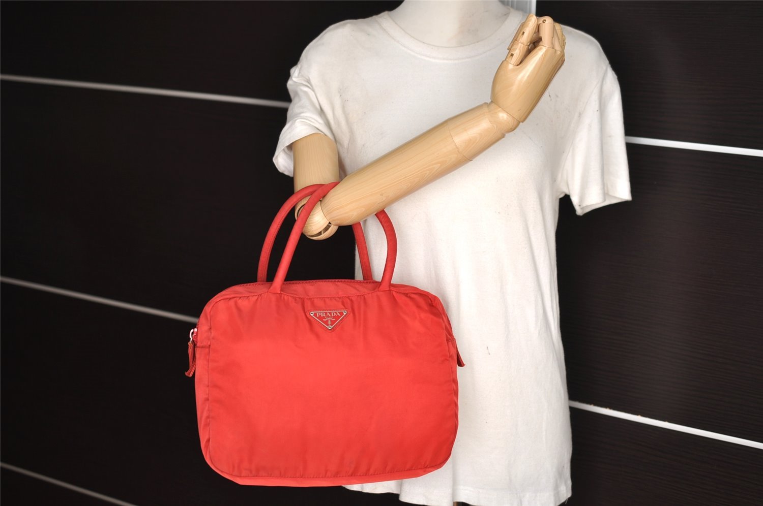 Authentic PRADA Vintage Nylon Tessuto Hand Bag Purse Red 4120I