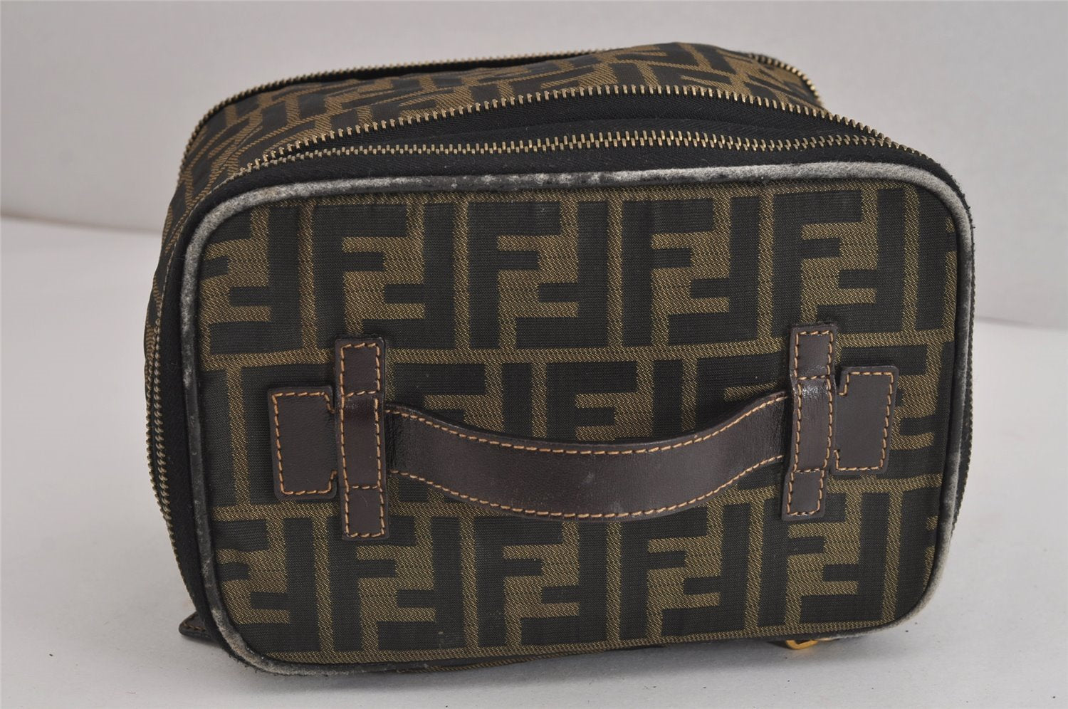 Authentic FENDI Zucca Folding Vanity Hand Bag Pouch Nylon Leather Brown 4120J