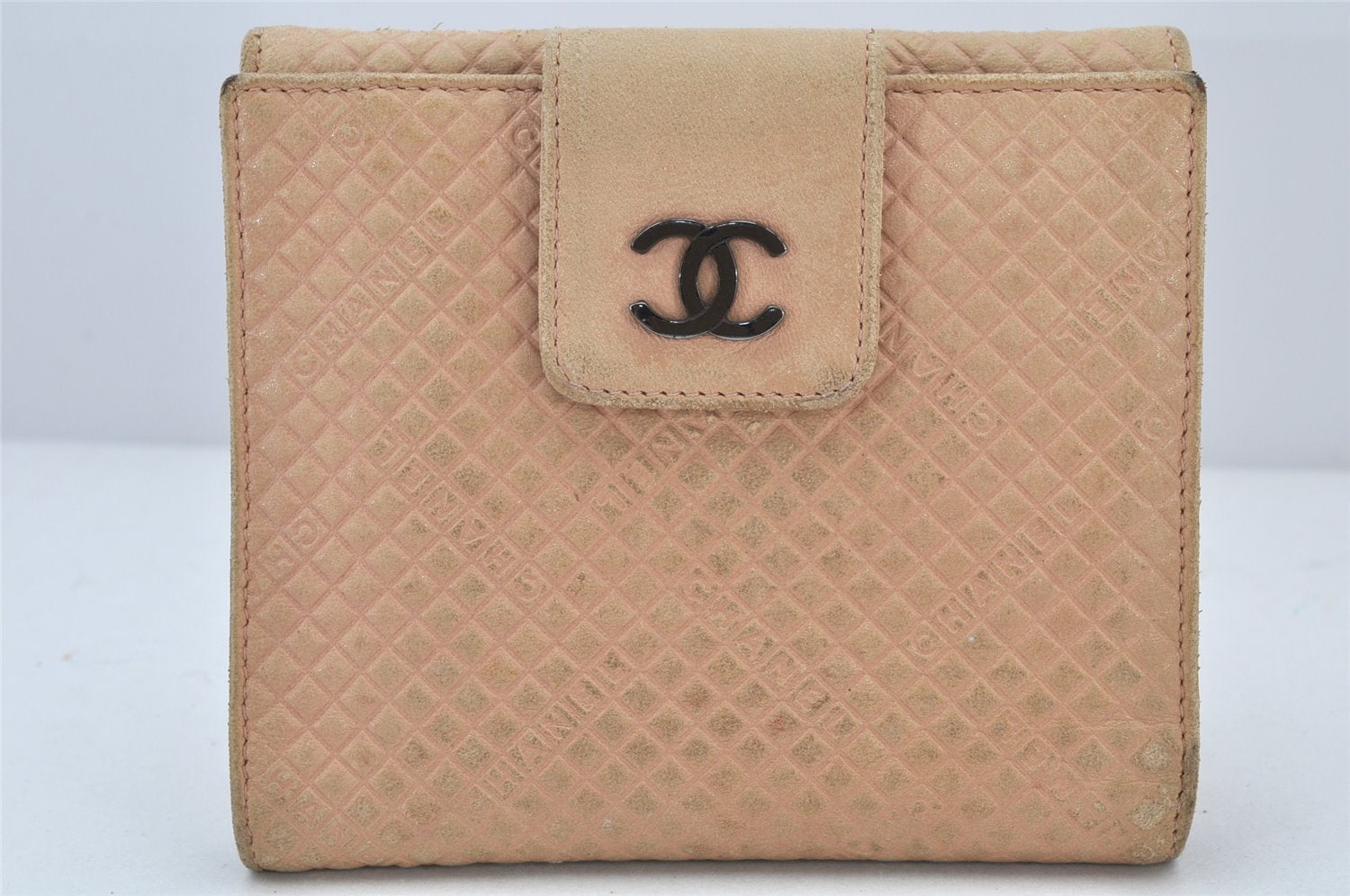 Auth CHANEL Calf Skin Micro Belted CoCo Mark Bifold Wallet Purse Beige 4122K