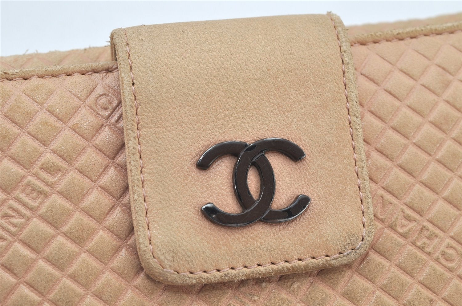 Auth CHANEL Calf Skin Micro Belted CoCo Mark Bifold Wallet Purse Beige 4122K