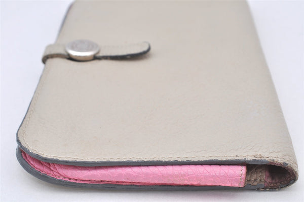 Authentic HERMES Dogon GM Leather Long Wallet Purse Gray Pink 4124K