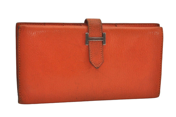 Authentic HERMES Bearn Classic Vintage Leather Long Wallet Purse Orange 4125J