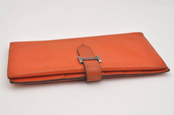 Authentic HERMES Bearn Classic Vintage Leather Long Wallet Purse Orange 4125J