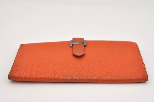 Authentic HERMES Bearn Classic Vintage Leather Long Wallet Purse Orange 4125J