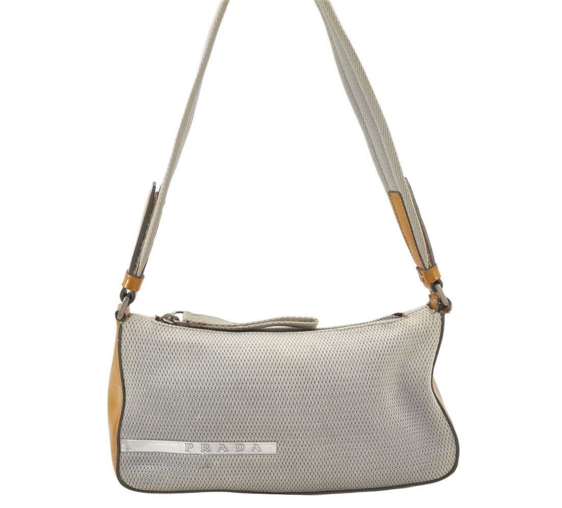 Authentic PRADA Sports Polyester Enamel Shoulder Hand Bag Silver Yellow 4125K