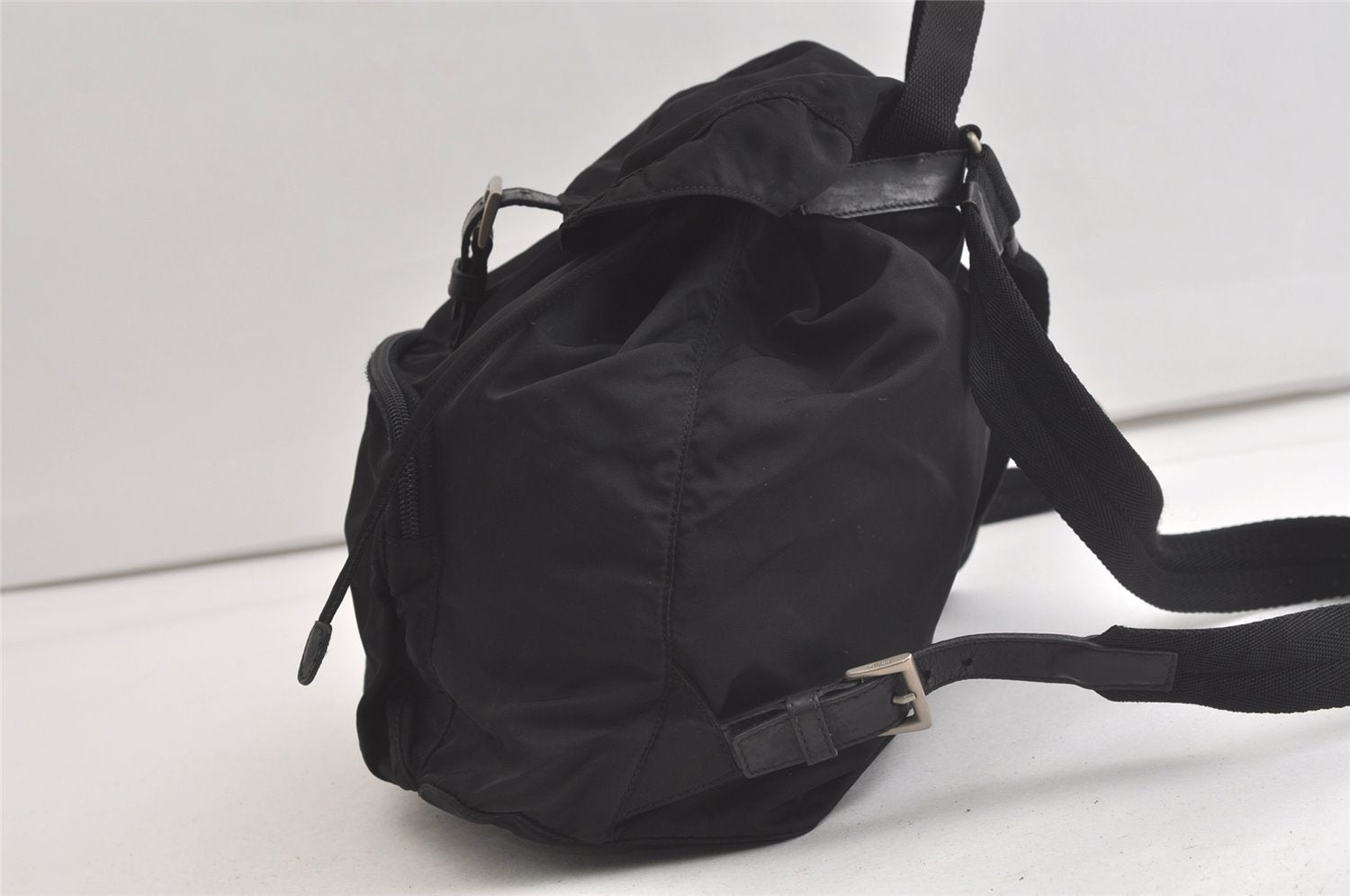 Authentic PRADA Vintage Nylon Tessuto Leather Drawstring Backpack Black 4128K