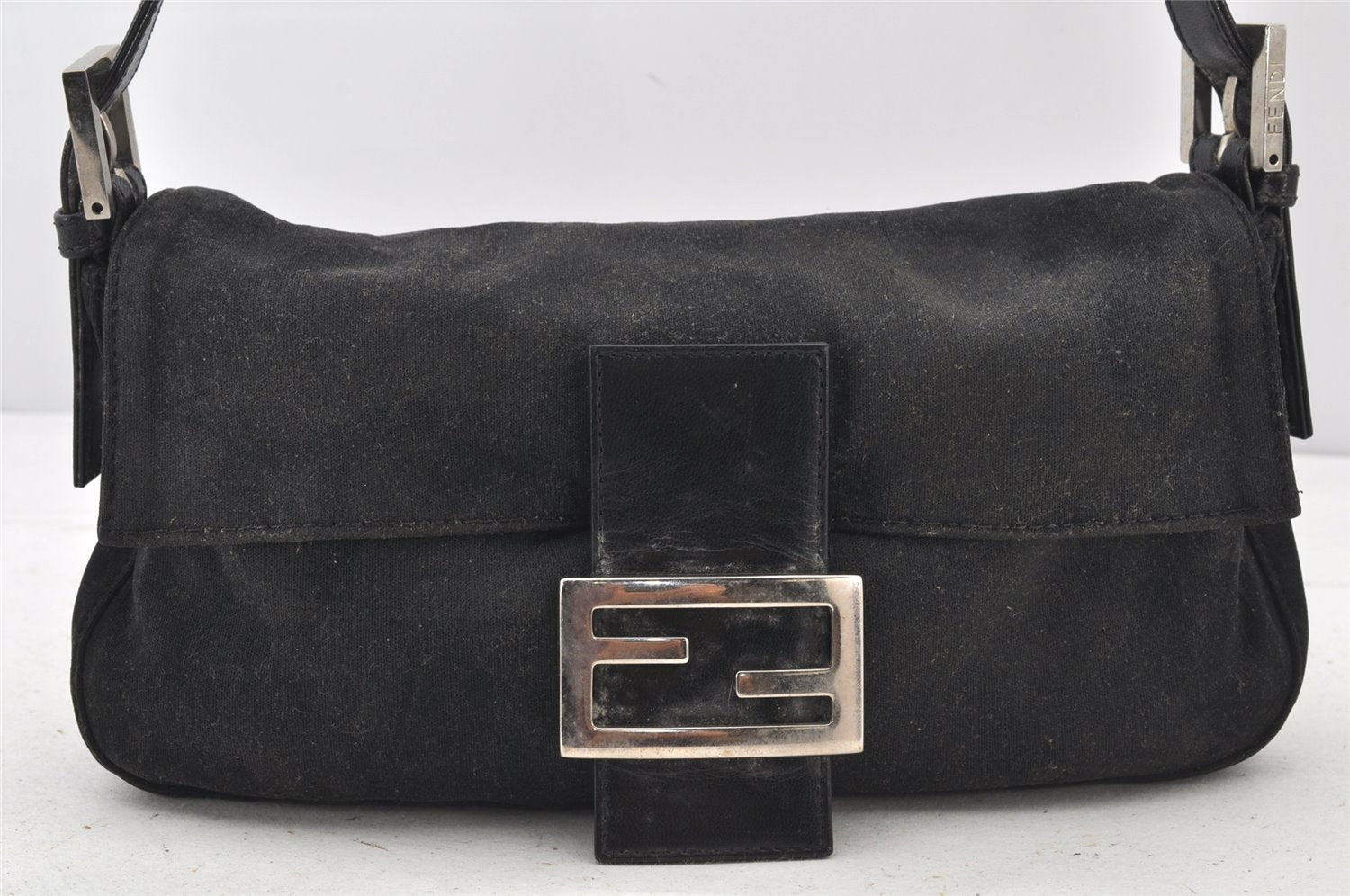 Authentic FENDI Mamma Baguette Shoulder Hand Bag Jersey Leather Black Junk 4129K