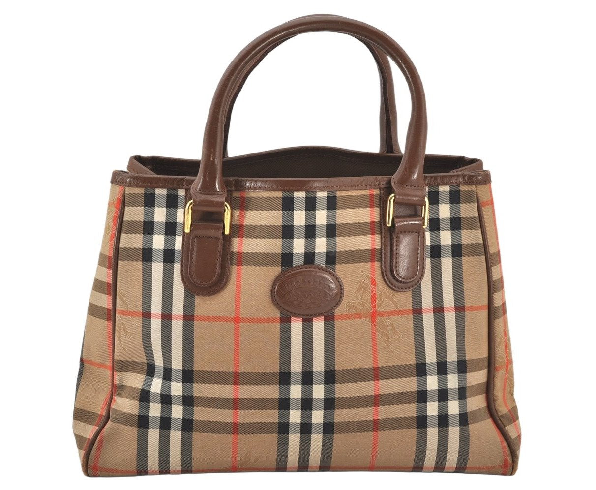 Authentic Burberrys Vintage Nova Check Canvas Leather Hand Bag Brown Beige 4131K