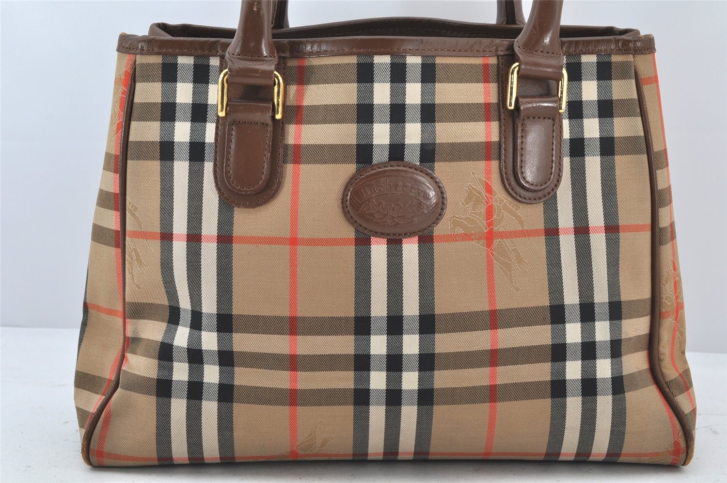 Authentic Burberrys Vintage Nova Check Canvas Leather Hand Bag Brown Beige 4131K