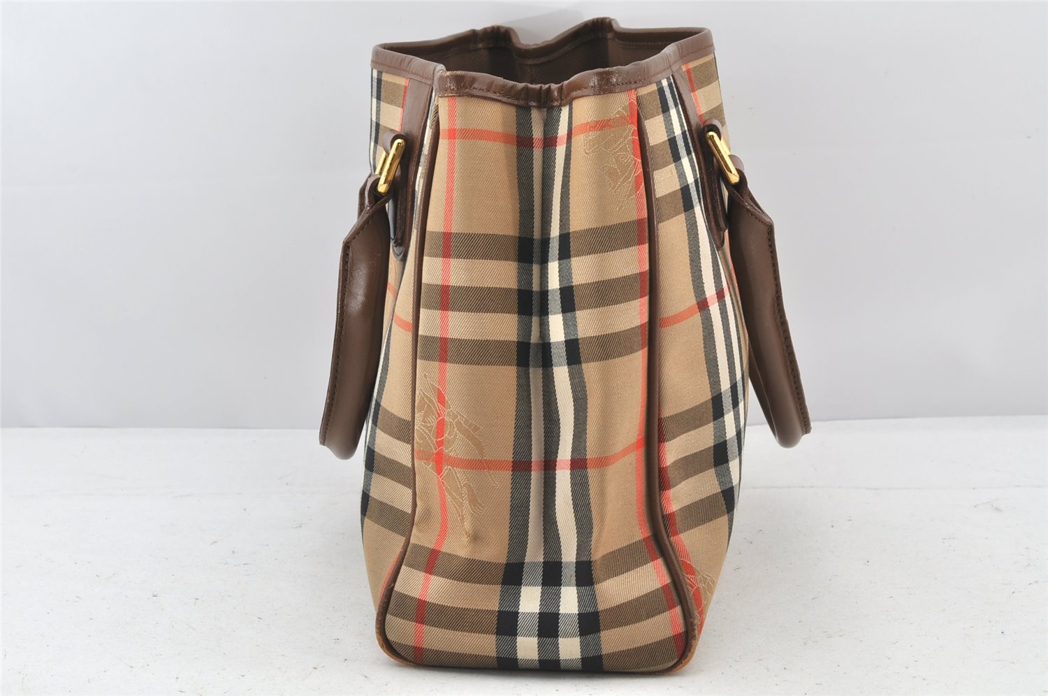 Authentic Burberrys Vintage Nova Check Canvas Leather Hand Bag Brown Beige 4131K