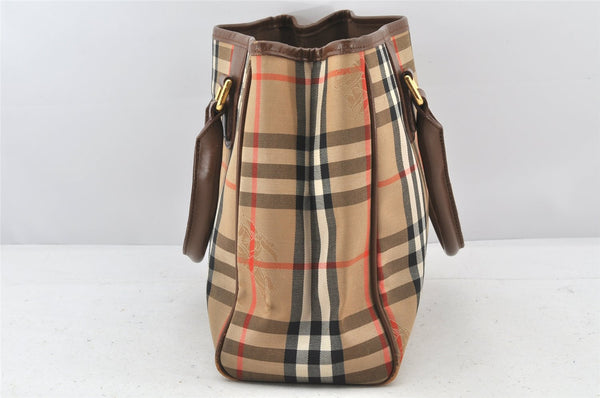 Authentic Burberrys Vintage Nova Check Canvas Leather Hand Bag Brown Beige 4131K