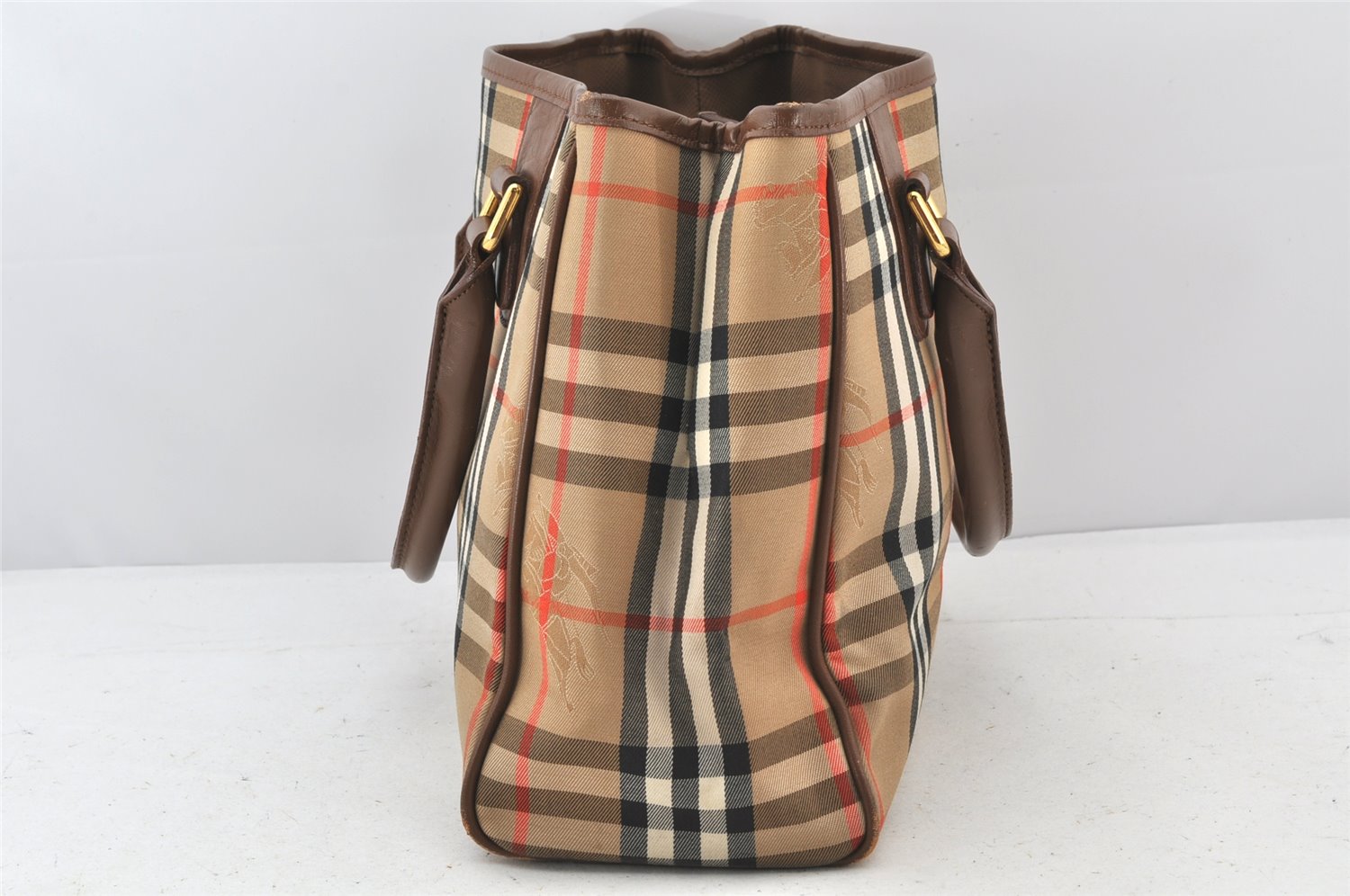 Authentic Burberrys Vintage Nova Check Canvas Leather Hand Bag Brown Beige 4131K