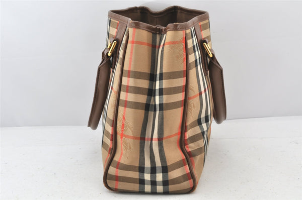 Authentic Burberrys Vintage Nova Check Canvas Leather Hand Bag Brown Beige 4131K