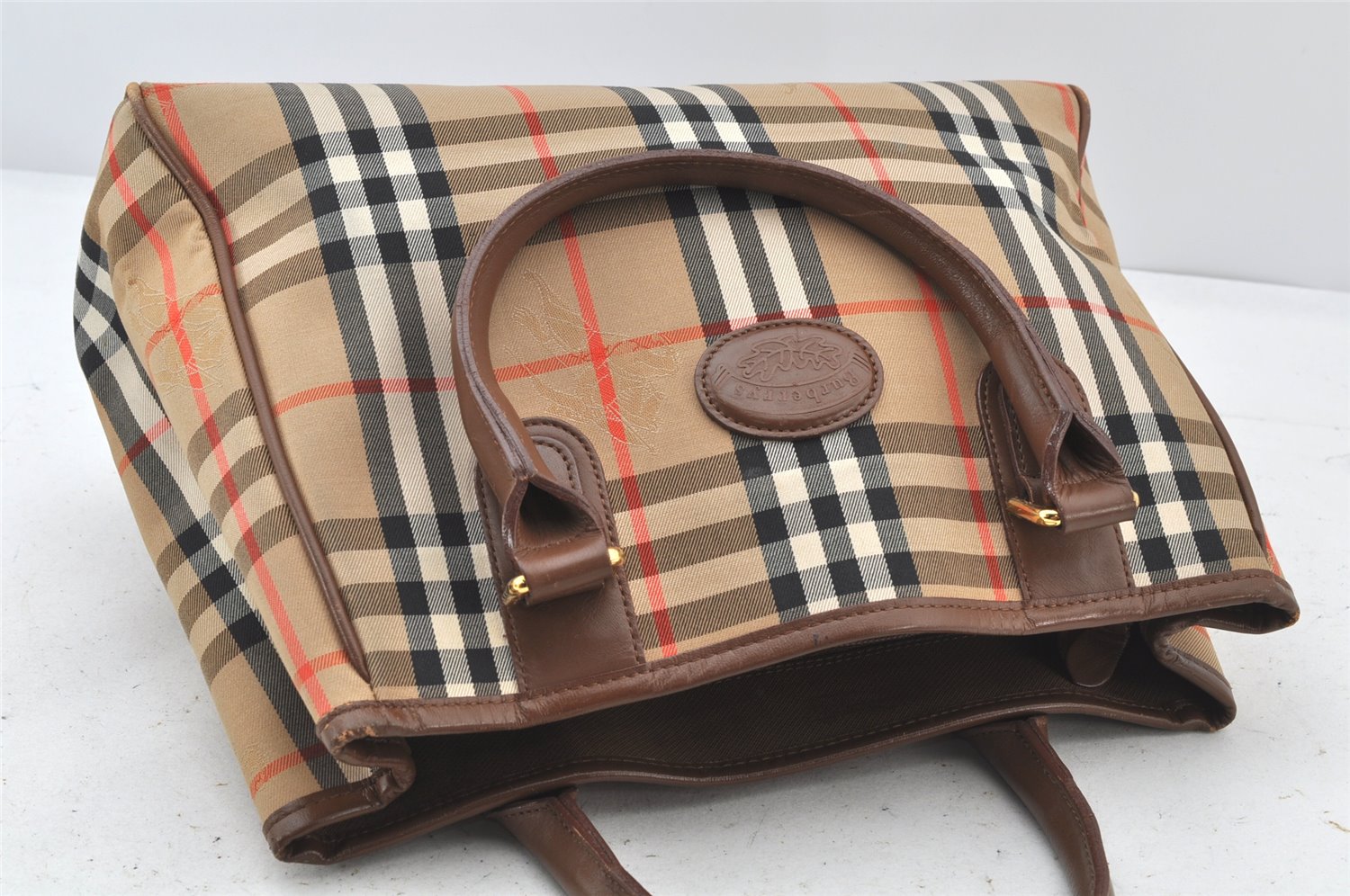 Authentic Burberrys Vintage Nova Check Canvas Leather Hand Bag Brown Beige 4131K