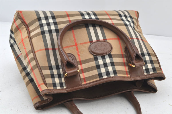 Authentic Burberrys Vintage Nova Check Canvas Leather Hand Bag Brown Beige 4131K