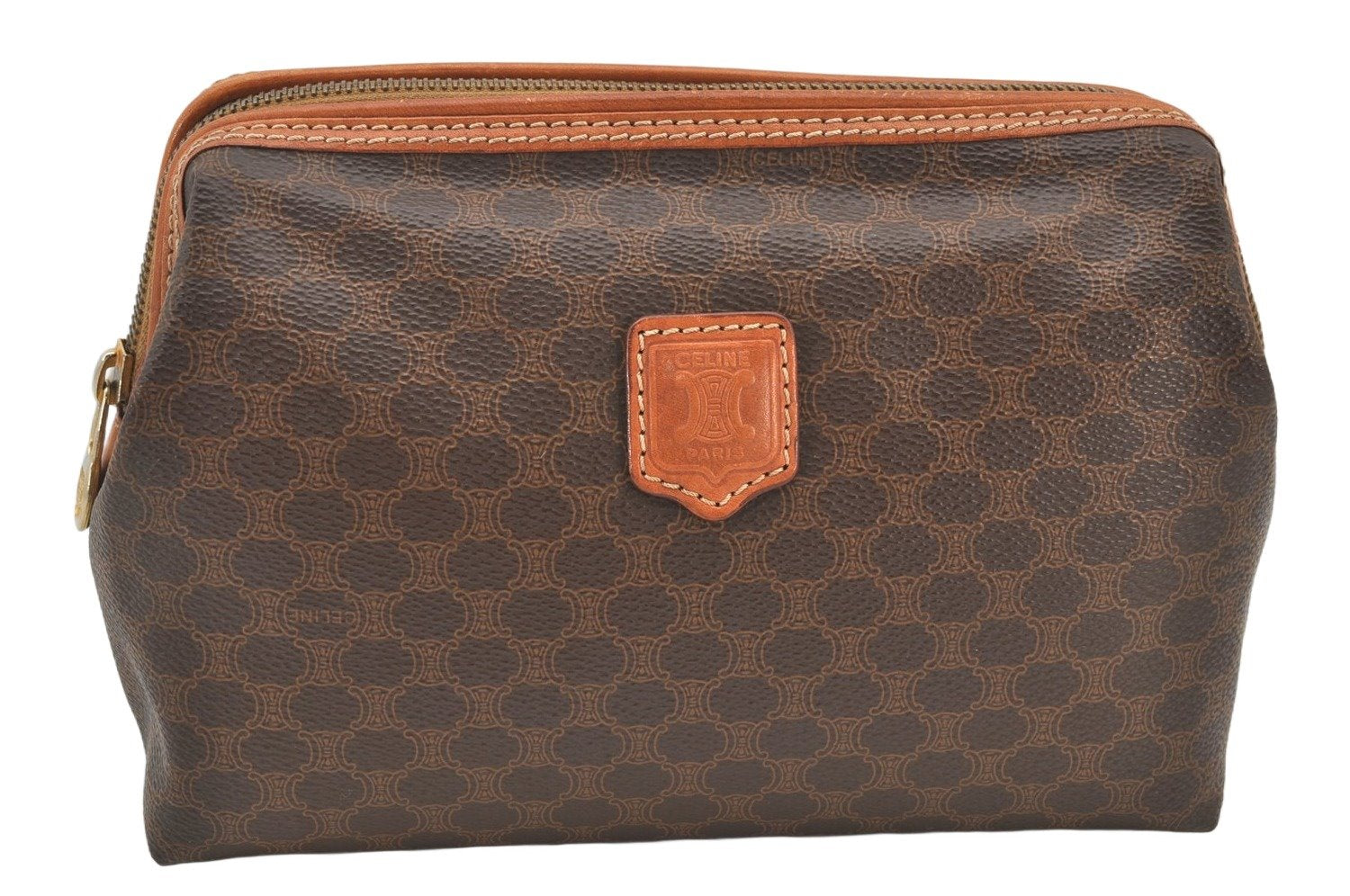 Authentic CELINE Macadam Blason Pattern Pouch Purse PVC Leather Brown 4137K