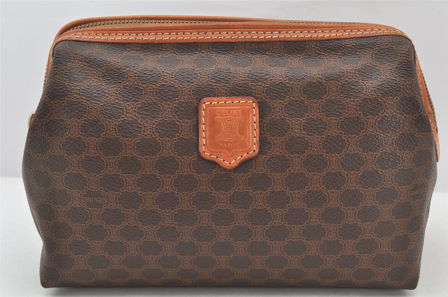 Authentic CELINE Macadam Blason Pattern Pouch Purse PVC Leather Brown 4137K