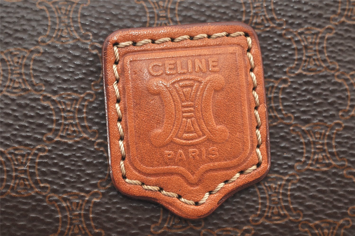 Authentic CELINE Macadam Blason Pattern Pouch Purse PVC Leather Brown 4137K
