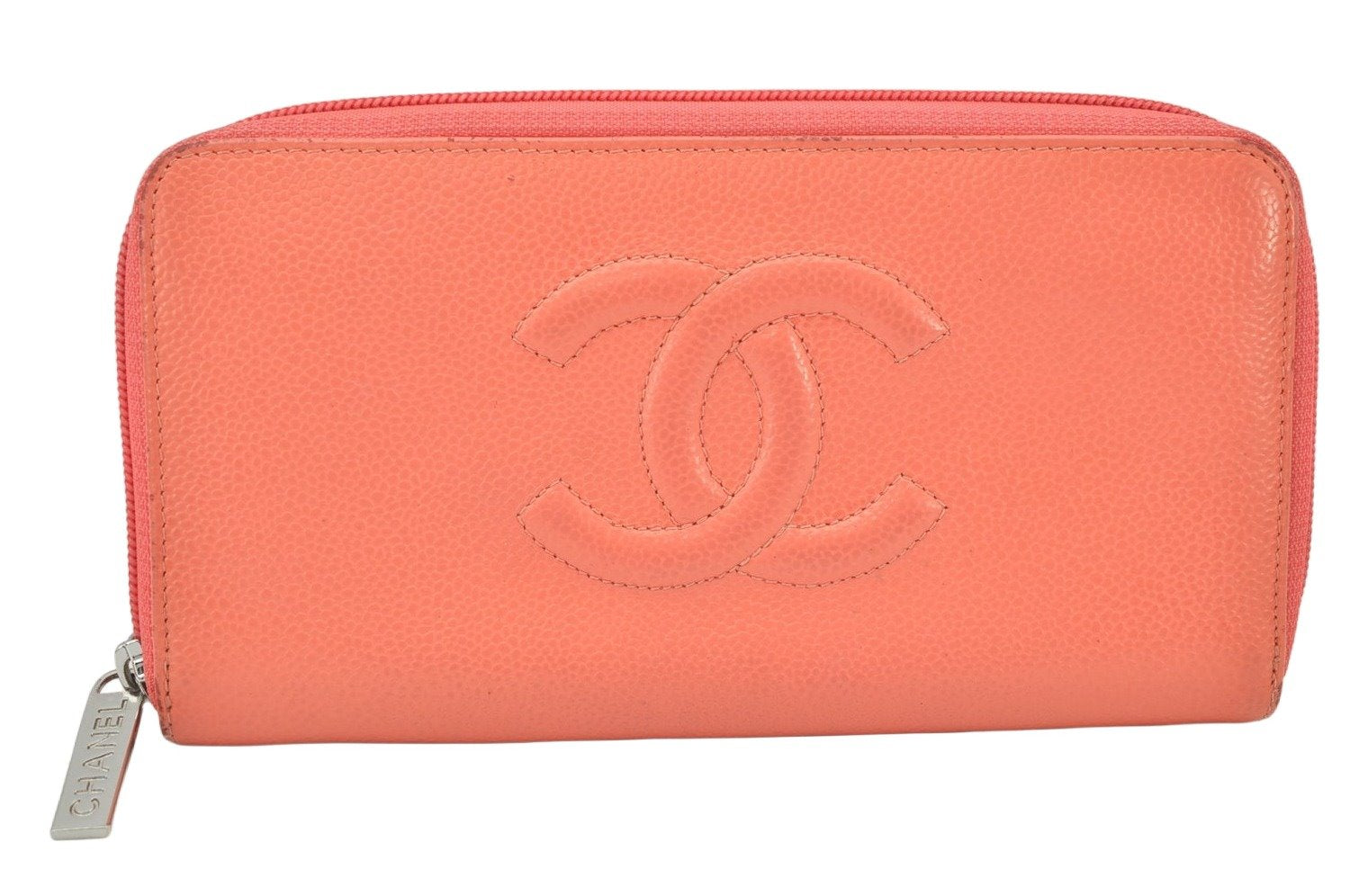 Authentic CHANEL Caviar Skin CC Logo Round Zip Long Wallet Purse Pink 4138K