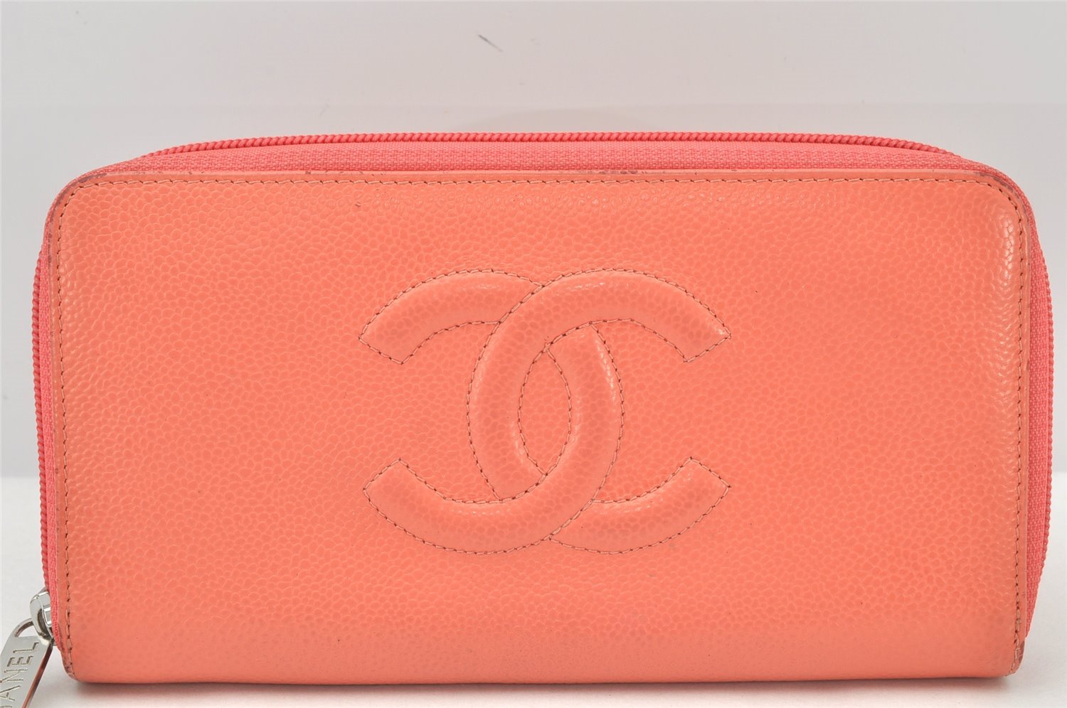 Authentic CHANEL Caviar Skin CC Logo Round Zip Long Wallet Purse Pink 4138K