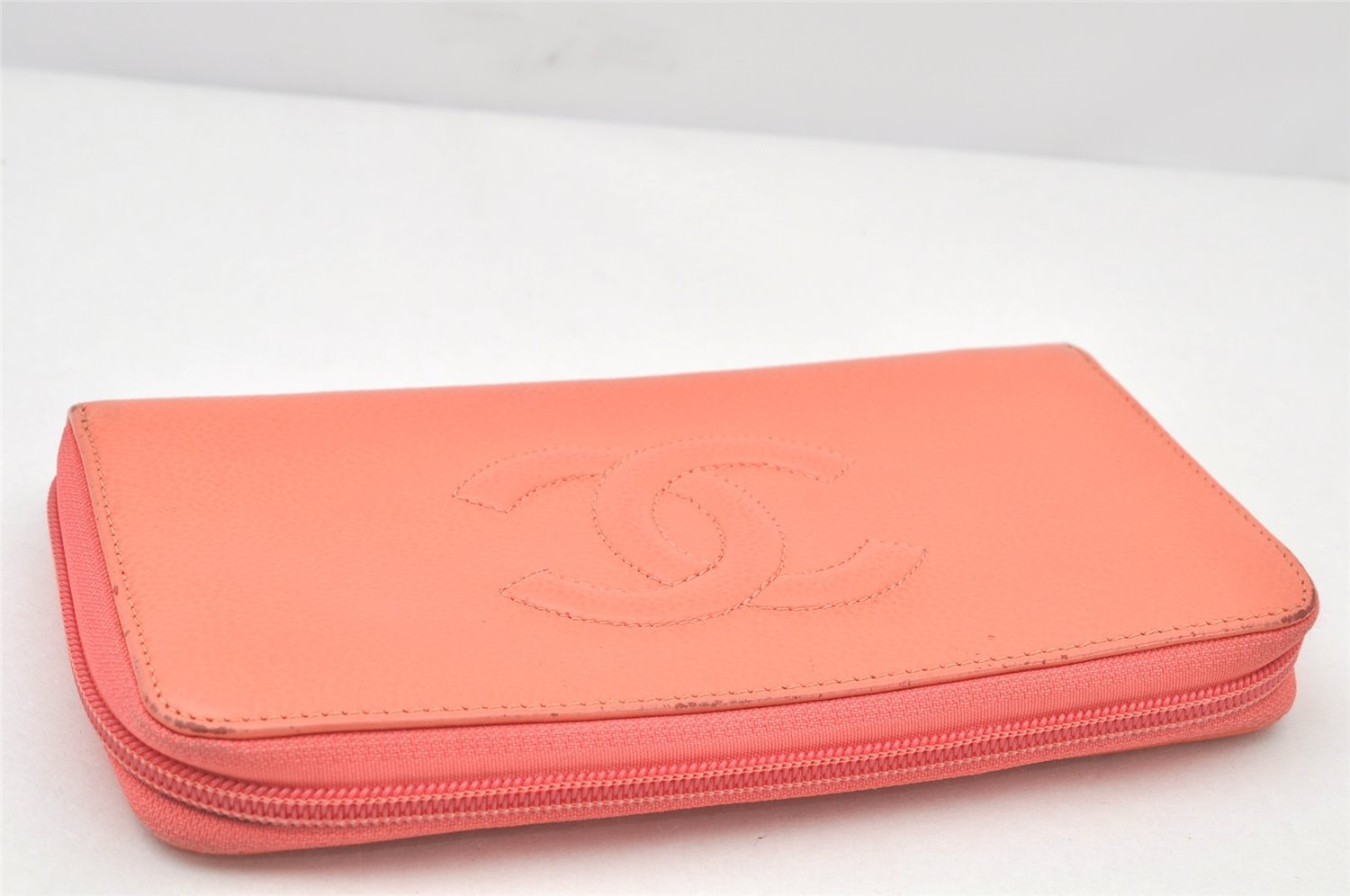 Authentic CHANEL Caviar Skin CC Logo Round Zip Long Wallet Purse Pink 4138K