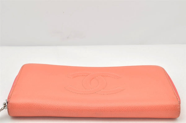 Authentic CHANEL Caviar Skin CC Logo Round Zip Long Wallet Purse Pink 4138K