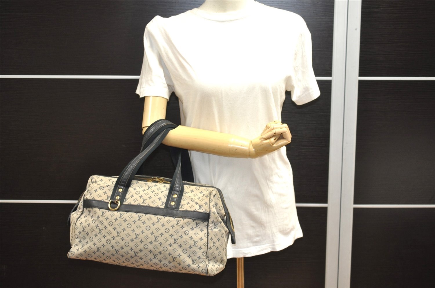 Authentic Louis Vuitton Monogram Mini Josephine GM Hand Bag Blue M92211 LV 4144I