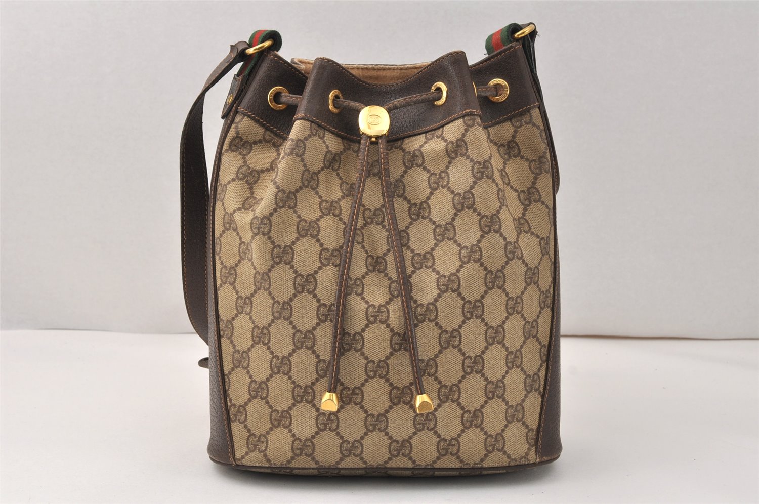 Authentic GUCCI Web Sherry Line Shoulder Bag GG PVC Leather Brown Junk 4150K