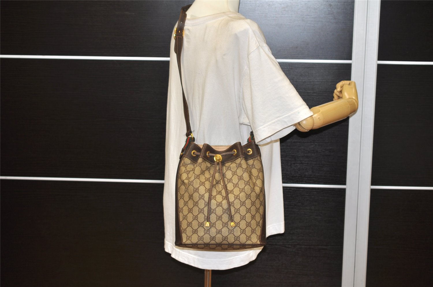 Authentic GUCCI Web Sherry Line Shoulder Bag GG PVC Leather Brown Junk 4150K