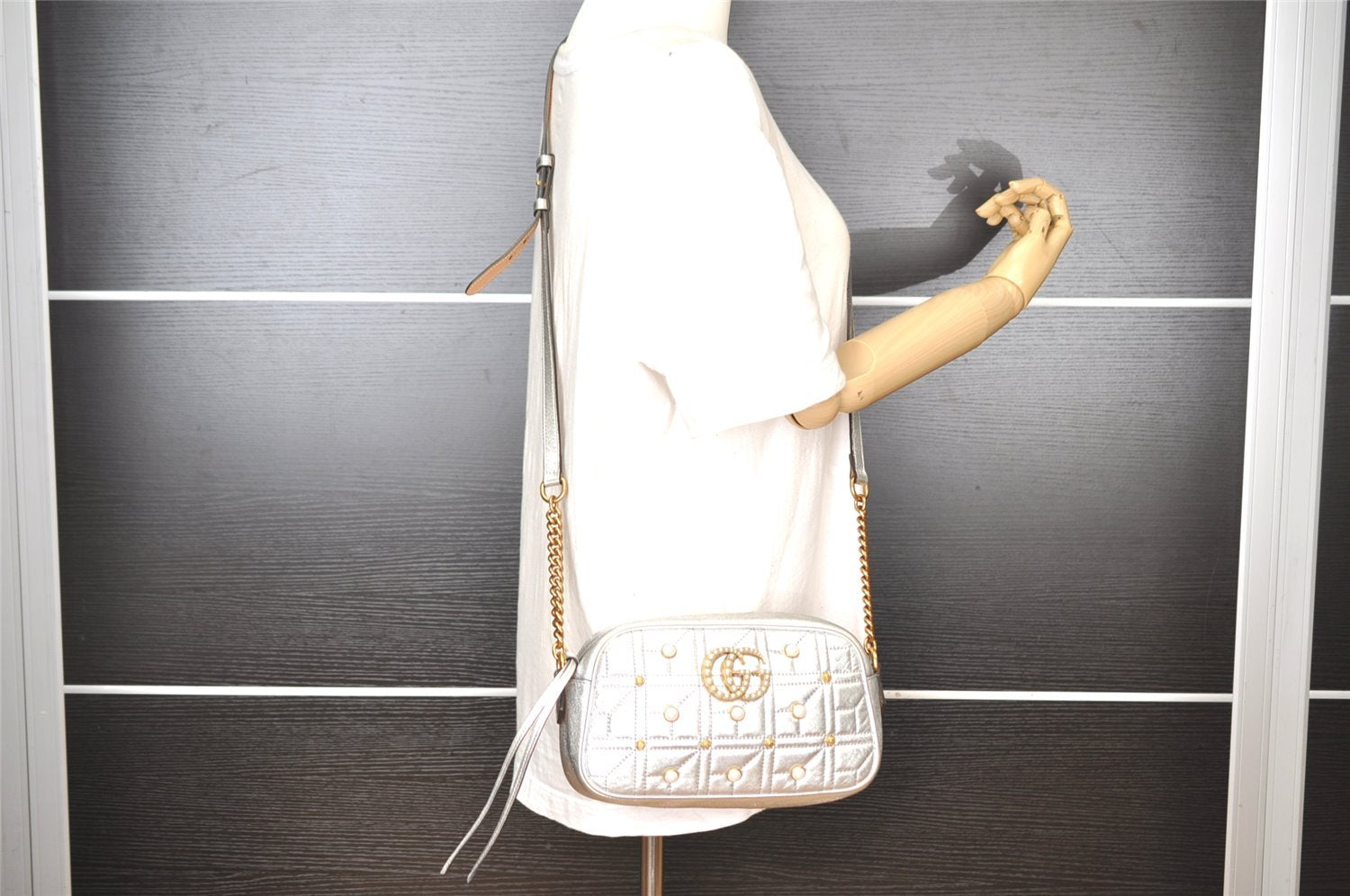 Authentic GUCCI GG Marmont Chain Shoulder Cross Bag Leather 447632 Silver 4151I