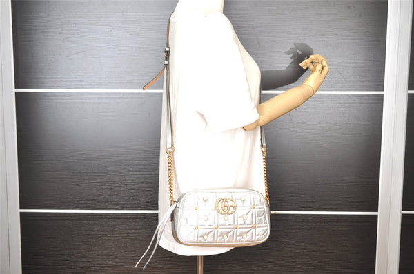 Authentic GUCCI GG Marmont Chain Shoulder Cross Bag Leather 447632 Silver 4151I
