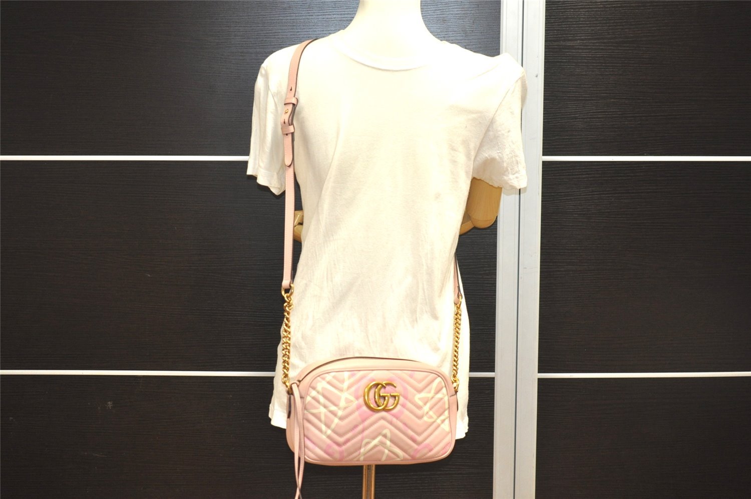 Authentic GUCCI GG Marmont Ghost Shoulder Cross Bag Leather 447632 Pink 4152I