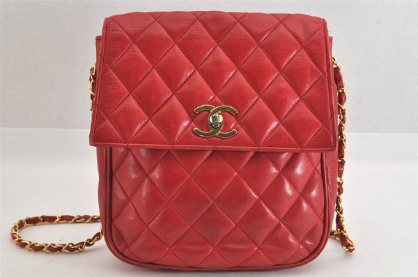 Authentic CHANEL Lamb Skin Matelasse Turnlock Chain Shoulder Bag Red Junk 4153M