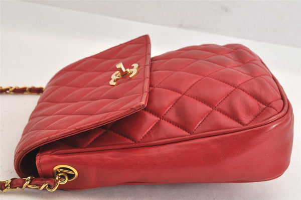Authentic CHANEL Lamb Skin Matelasse Turnlock Chain Shoulder Bag Red Junk 4153M