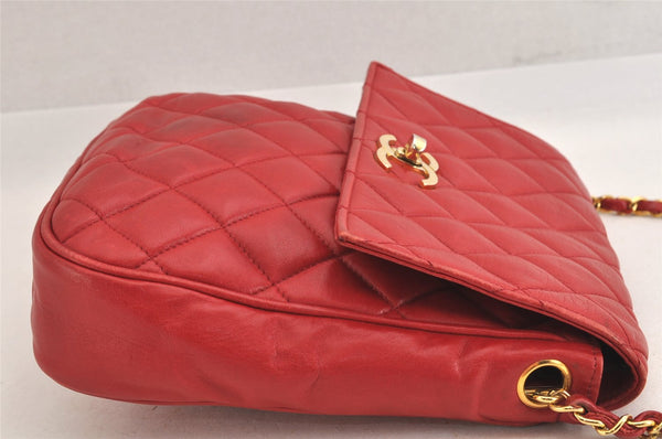 Authentic CHANEL Lamb Skin Matelasse Turnlock Chain Shoulder Bag Red Junk 4153M