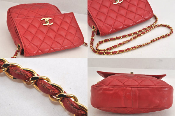 Authentic CHANEL Lamb Skin Matelasse Turnlock Chain Shoulder Bag Red Junk 4153M