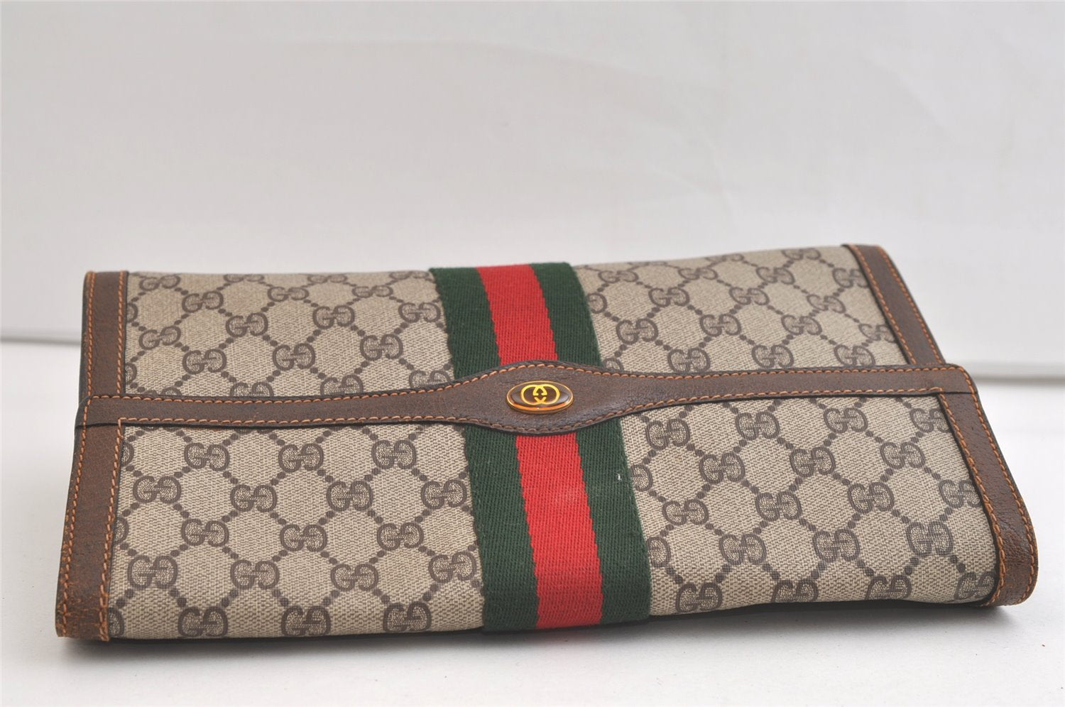 Authentic GUCCI Web Sherry Line Clutch Hand Bag GG PVC Leather Brown Junk 4154K