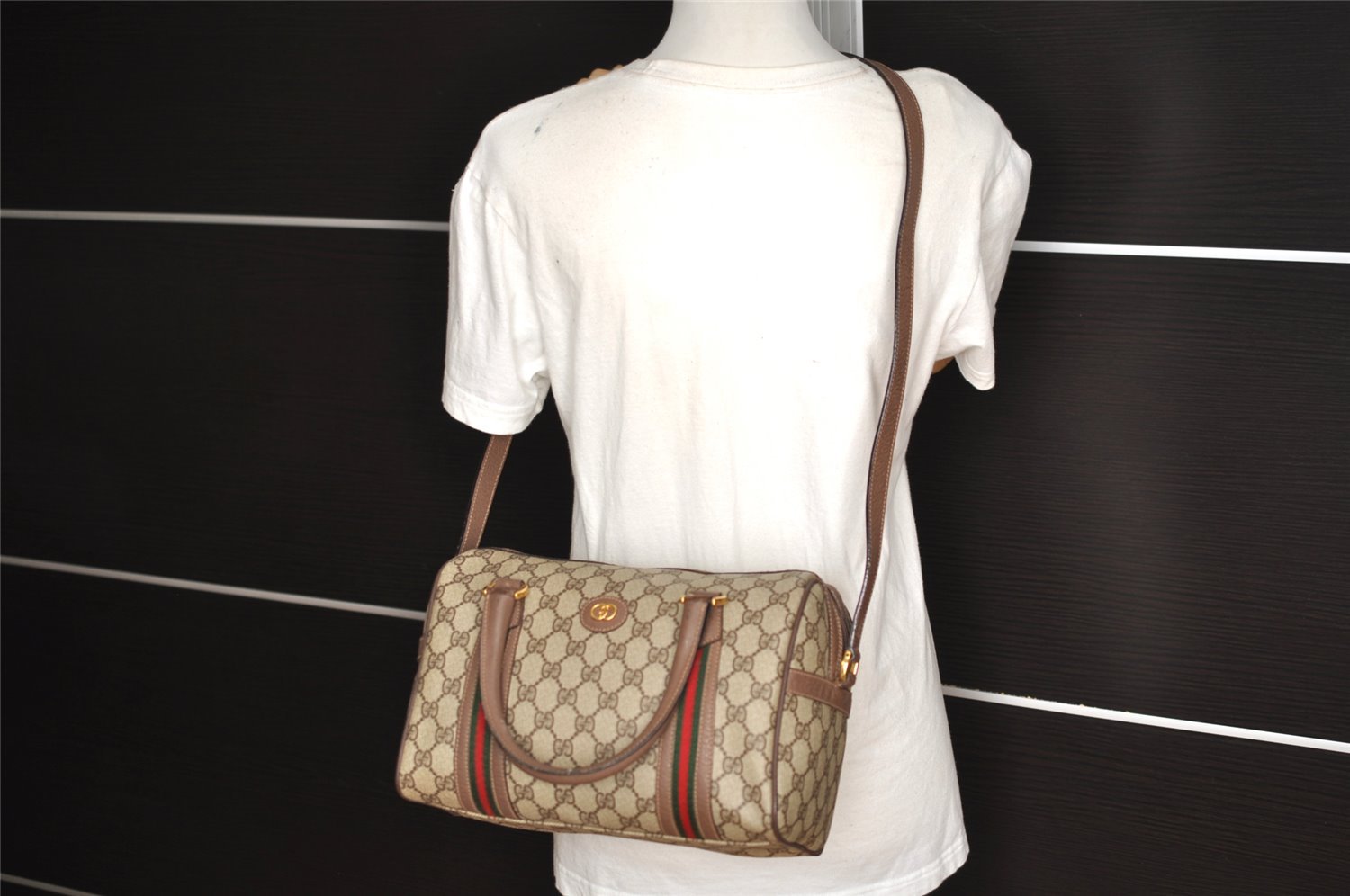 Auth GUCCI Web Sherry Line 2Way Shoulder Bag GG PVC Leather Brown Junk 4155I