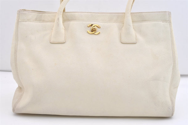 Authentic CHANEL Calf Skin Executive Line Turnlock 2Way Tote Bag White 4156J