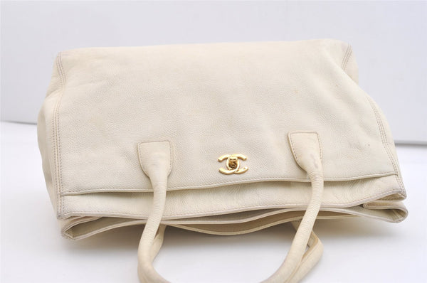 Authentic CHANEL Calf Skin Executive Line Turnlock 2Way Tote Bag White 4156J