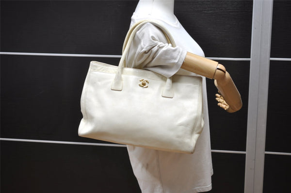 Authentic CHANEL Calf Skin Executive Line Turnlock 2Way Tote Bag White 4156J
