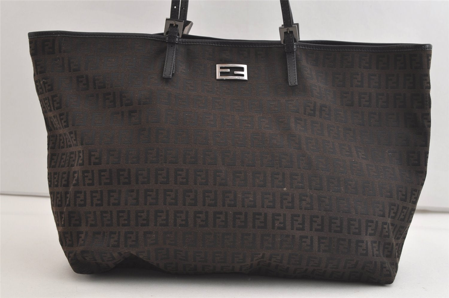 Authentic FENDI Zucchino Shoulder Tote Bag Canvas Leather Brown Black 4161K