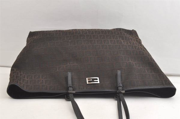 Authentic FENDI Zucchino Shoulder Tote Bag Canvas Leather Brown Black 4161K