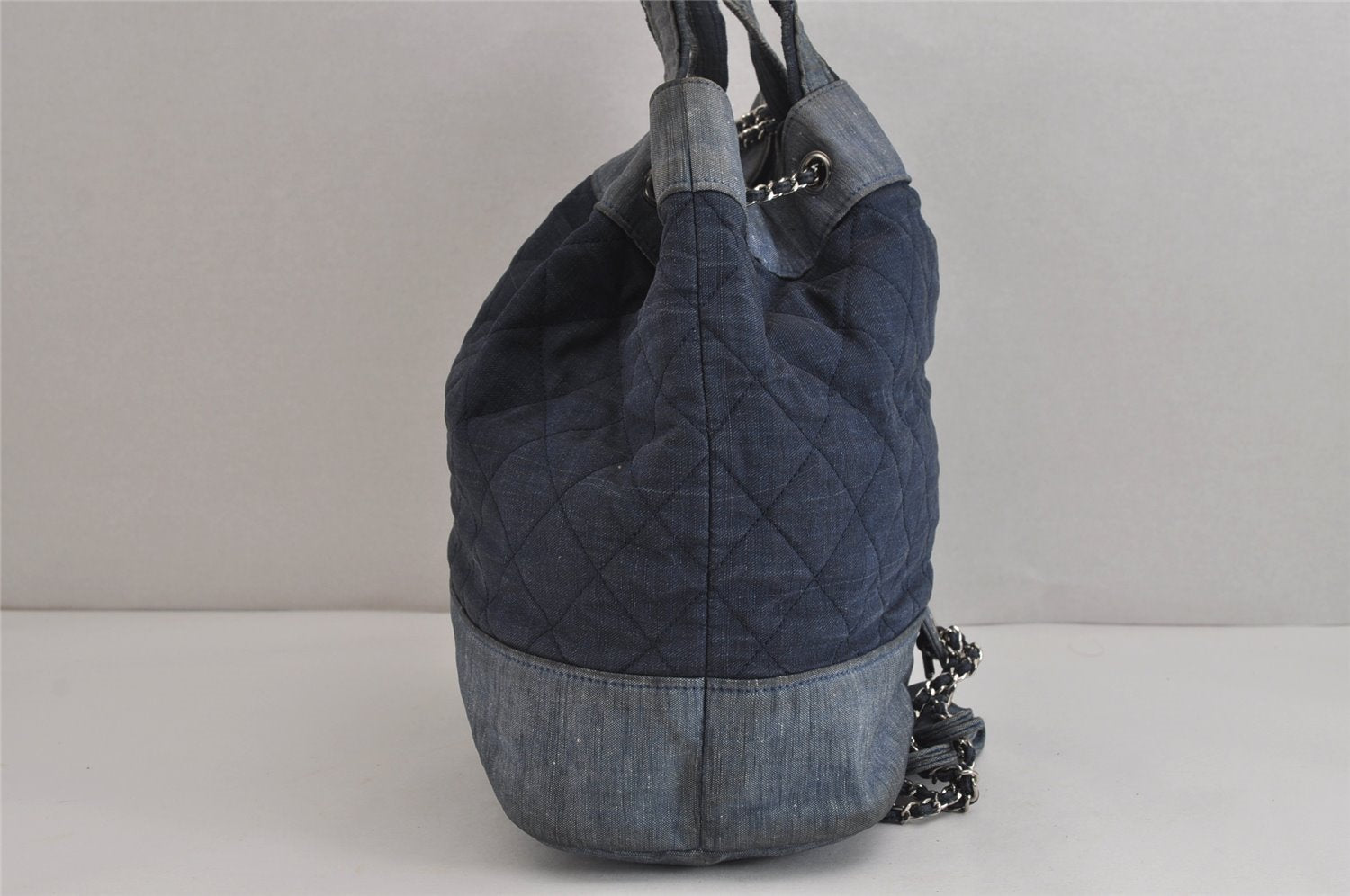 Authentic CHANEL Denim Matelasse 2Way Drawstring Hand Backpack CC Navy 4162J