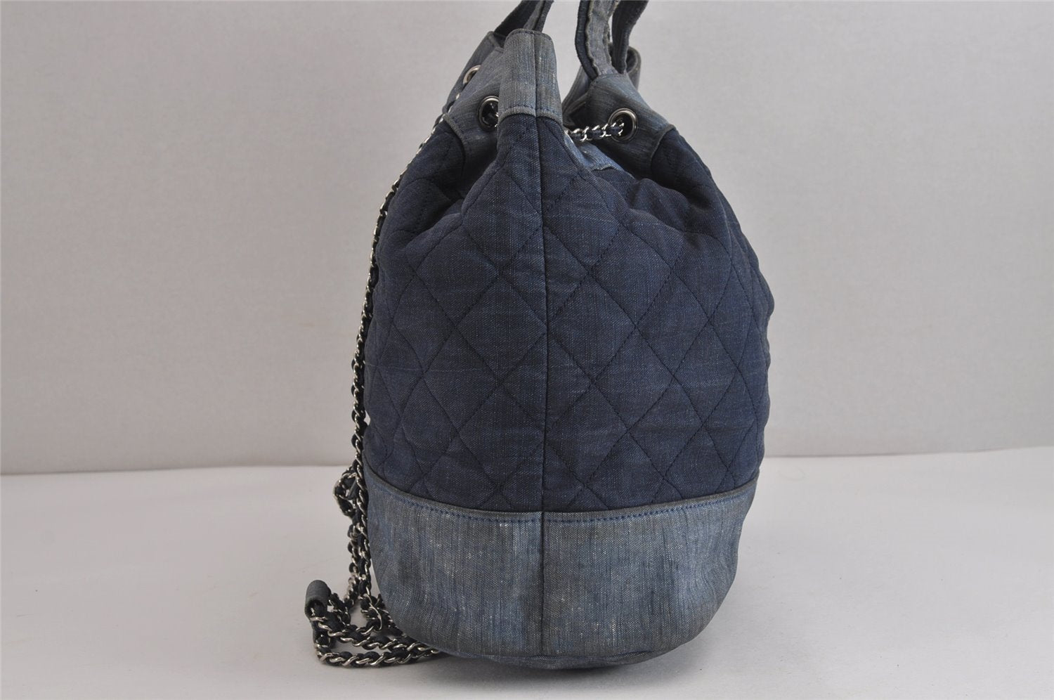 Authentic CHANEL Denim Matelasse 2Way Drawstring Hand Backpack CC Navy 4162J