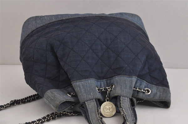 Authentic CHANEL Denim Matelasse 2Way Drawstring Hand Backpack CC Navy 4162J