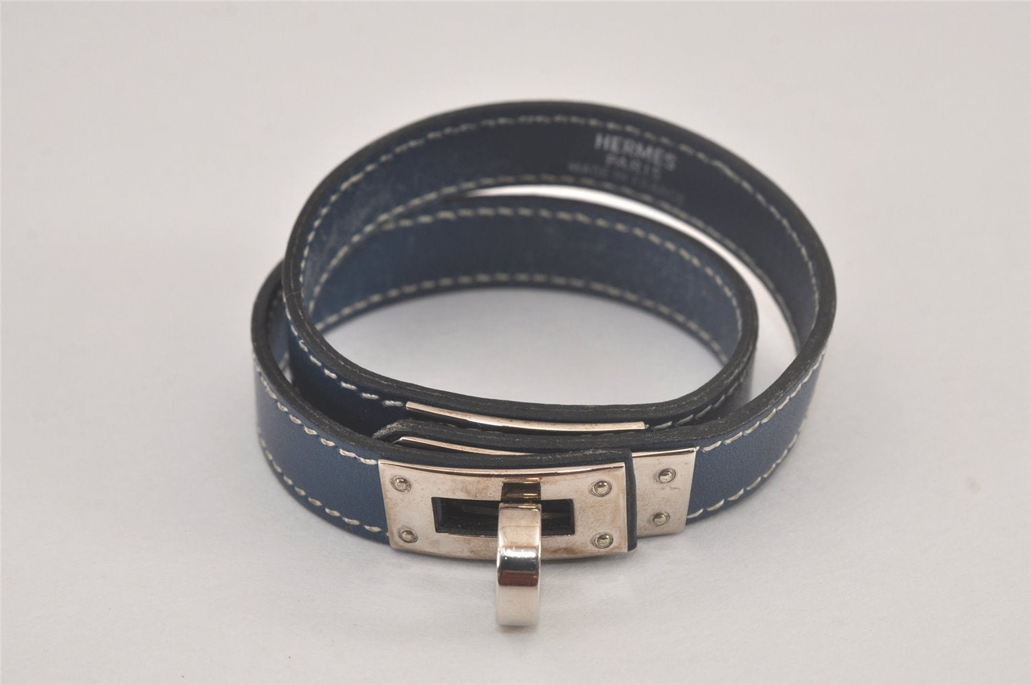 Authentic HERMES Leather Kelly Double Tour Bangle Bracelet Silver Blue 4162L