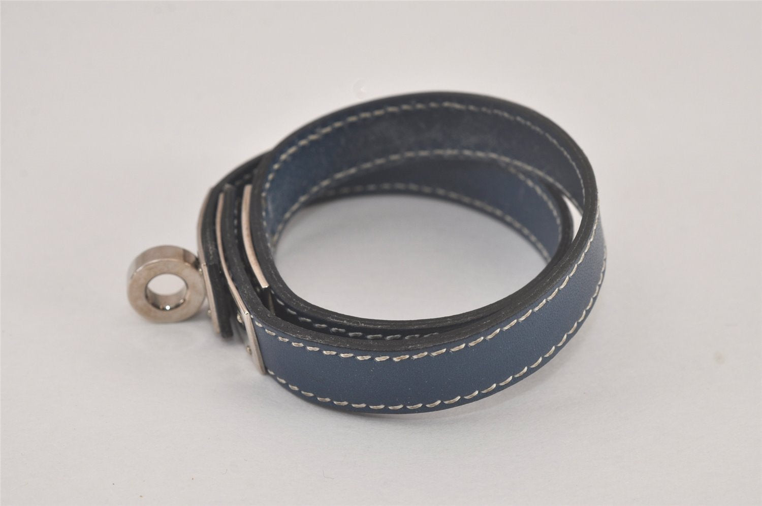 Authentic HERMES Leather Kelly Double Tour Bangle Bracelet Silver Blue 4162L